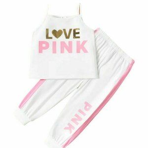 2pc Toddler Girl Pink Love Heart Print Camisole Elasticized White&Pink Pants Set